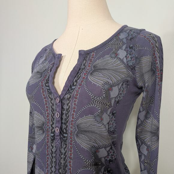 Y2K Henley Long Sleeve Top S Blue Floral Twilightcore Elena Bella Boho Vneck - Picture 2 of 11